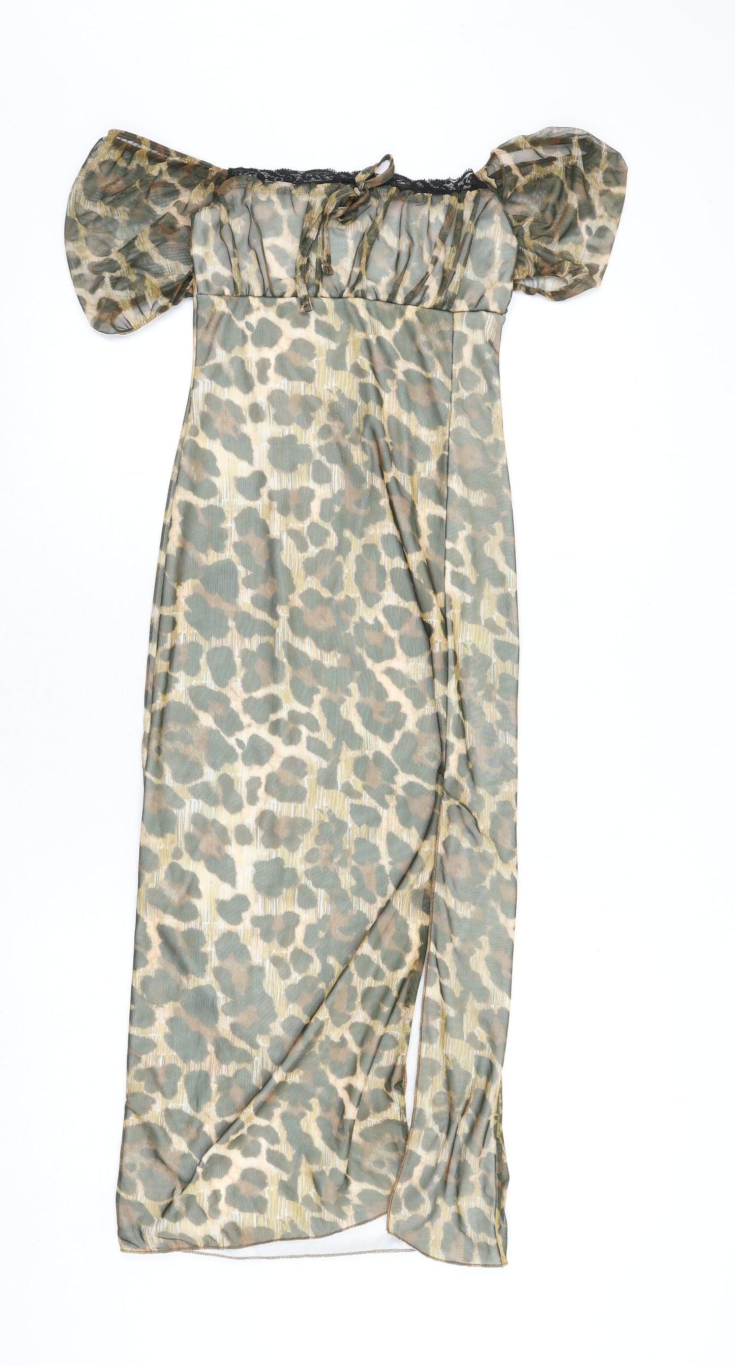 PRETTYLITTLETHING Womens Multicoloured Animal Print Polyester Bodycon Size 8 Off the Shoulder Pullover - Leopard Print, Lace Trim
