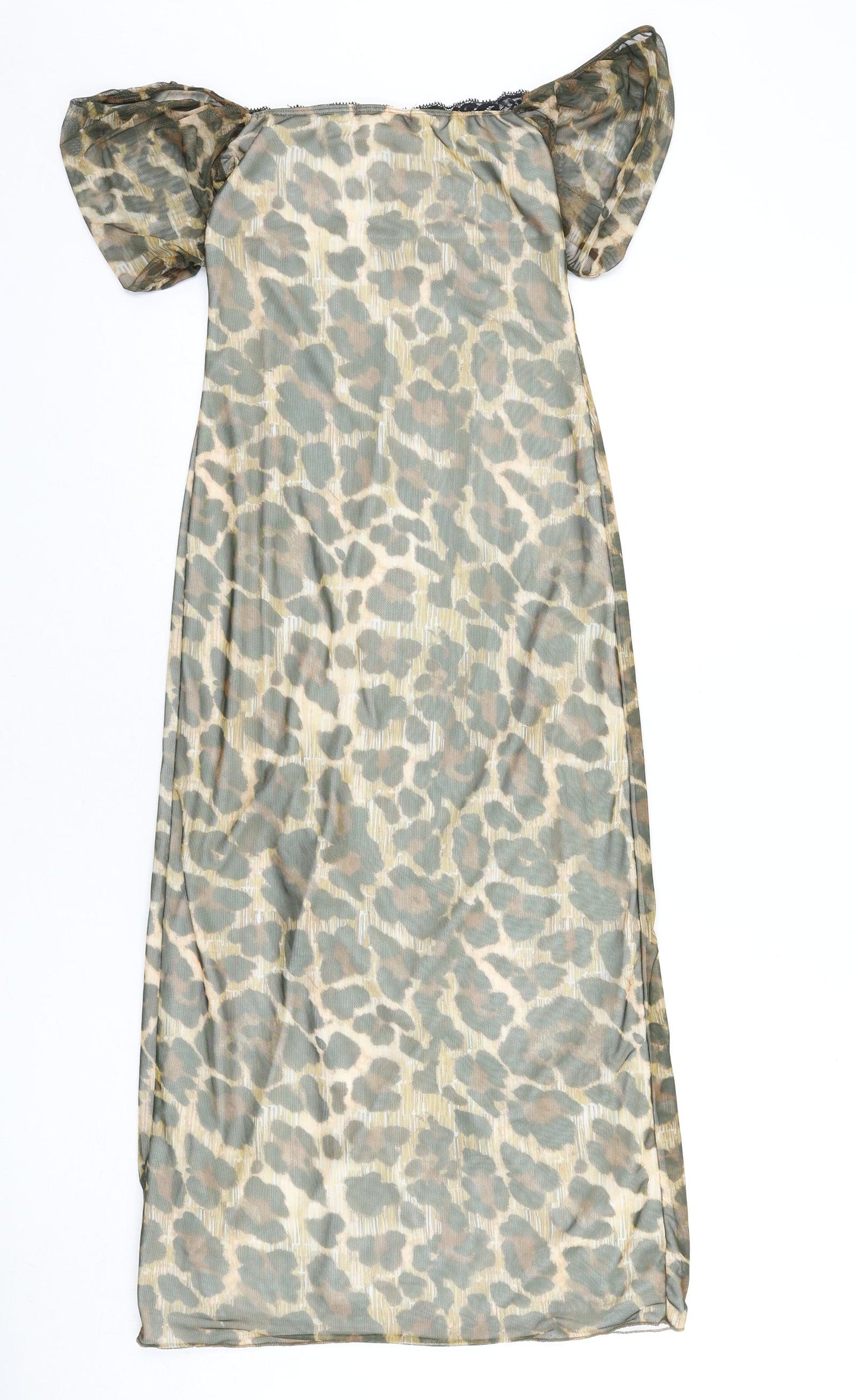 PRETTYLITTLETHING Womens Multicoloured Animal Print Polyester Bodycon Size 8 Off the Shoulder Pullover - Leopard Print, Lace Trim