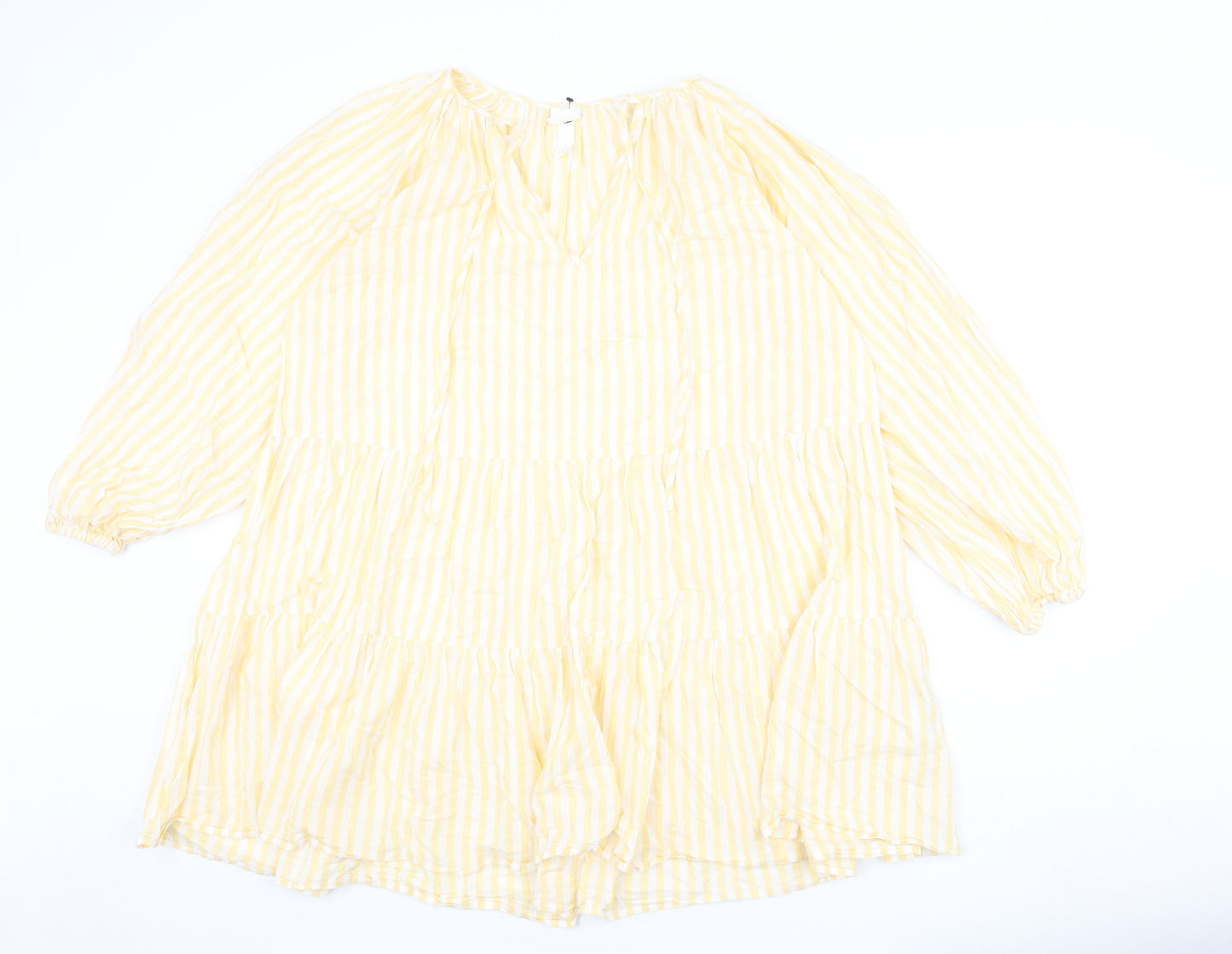 H&M Womens Yellow Striped 100% Cotton A-Line Size M V-Neck Pullover - Tie Detail