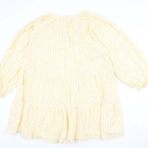 H&M Womens Yellow Striped 100% Cotton A-Line Size M V-Neck Pullover - Tie Detail