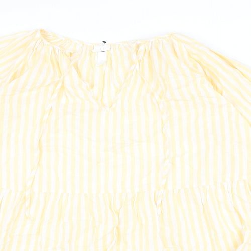 H&M Womens Yellow Striped 100% Cotton A-Line Size M V-Neck Pullover - Tie Detail