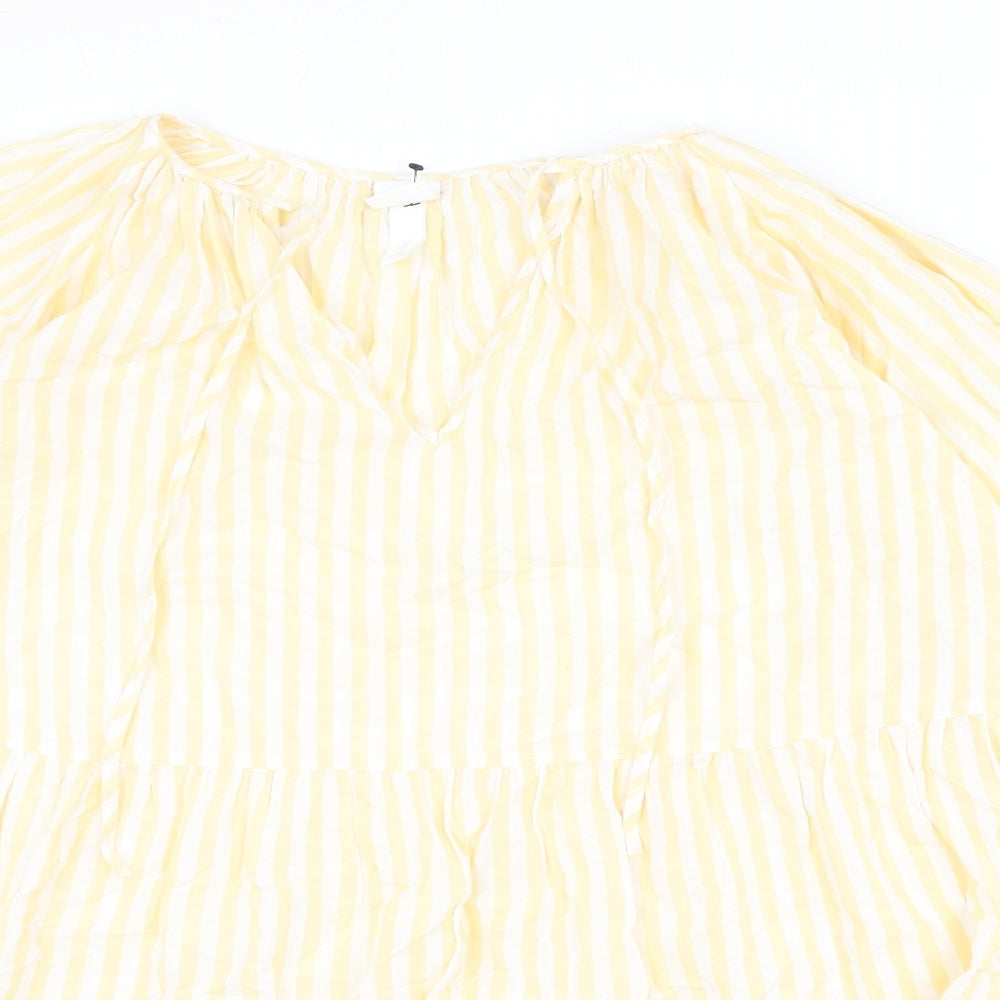 H&M Womens Yellow Striped 100% Cotton A-Line Size M V-Neck Pullover - Tie Detail