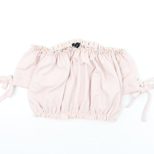 New Look Womens Pink Polyester Cropped T-Shirt Size 10 Off the Shoulder - Tie Sleeve Detail, Bardot