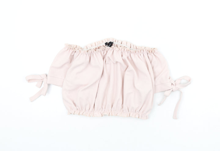 New Look Womens Pink Polyester Cropped T-Shirt Size 10 Off the Shoulder - Tie Sleeve Detail, Bardot