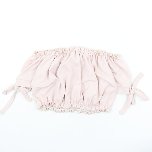 New Look Womens Pink Polyester Cropped T-Shirt Size 10 Off the Shoulder - Tie Sleeve Detail, Bardot