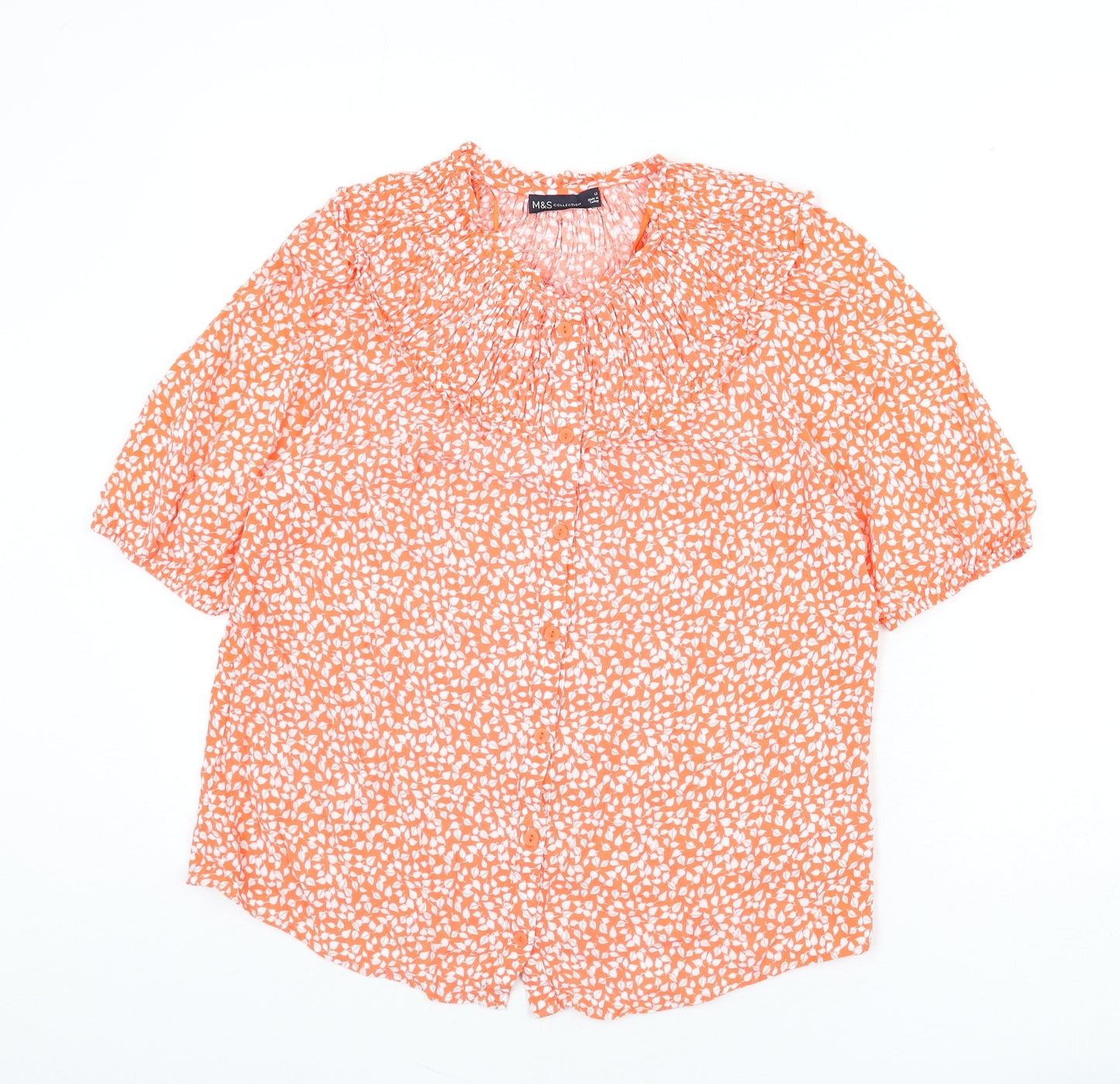 Marks and Spencer Womens Orange Geometric Viscose Basic Button-Up Size 12 Round Neck - Leaf Print