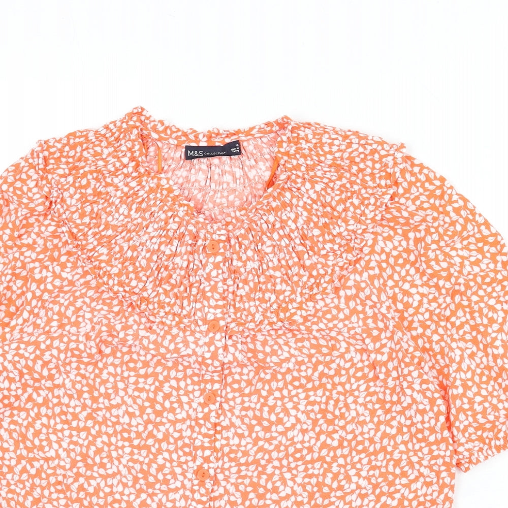 Marks and Spencer Womens Orange Geometric Viscose Basic Button-Up Size 12 Round Neck - Leaf Print