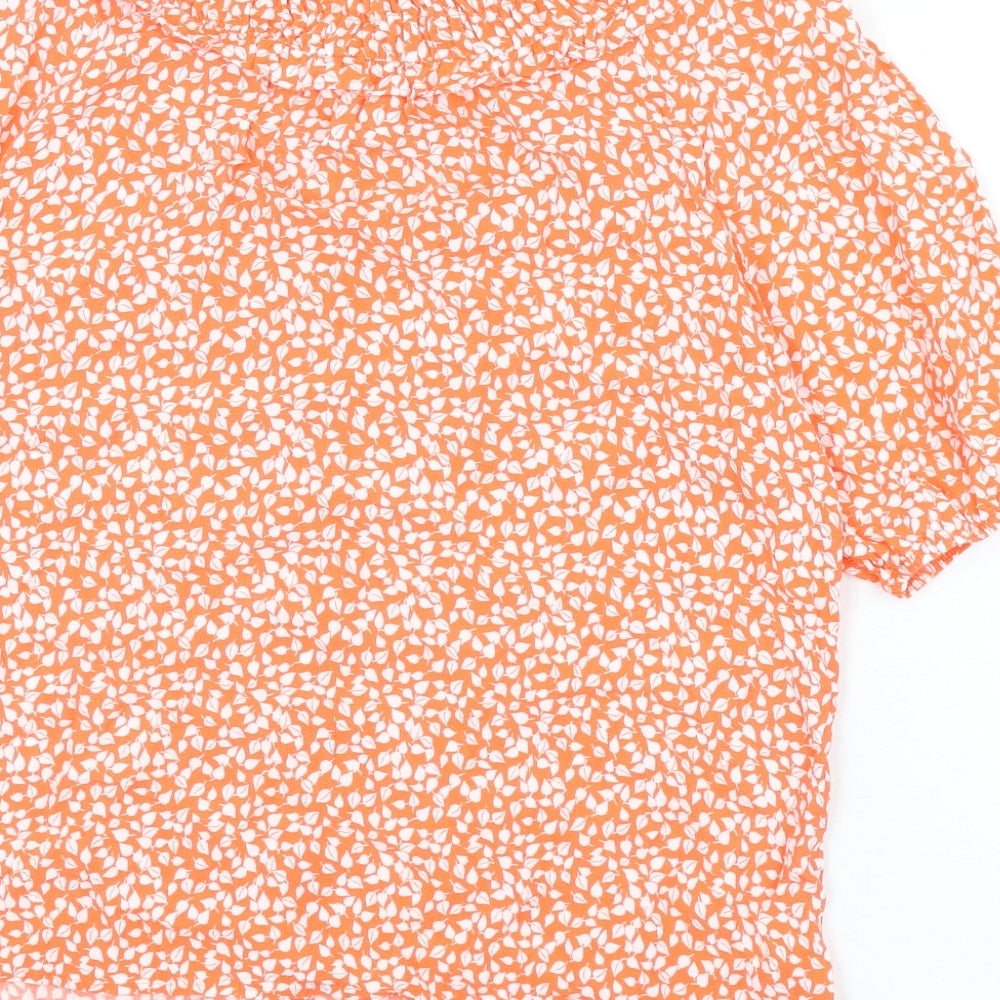Marks and Spencer Womens Orange Geometric Viscose Basic Button-Up Size 12 Round Neck - Leaf Print