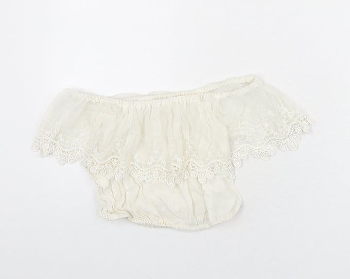 River Island Womens Ivory Nylon Cropped Blouse Size 6 Off the Shoulder - Lace Trim