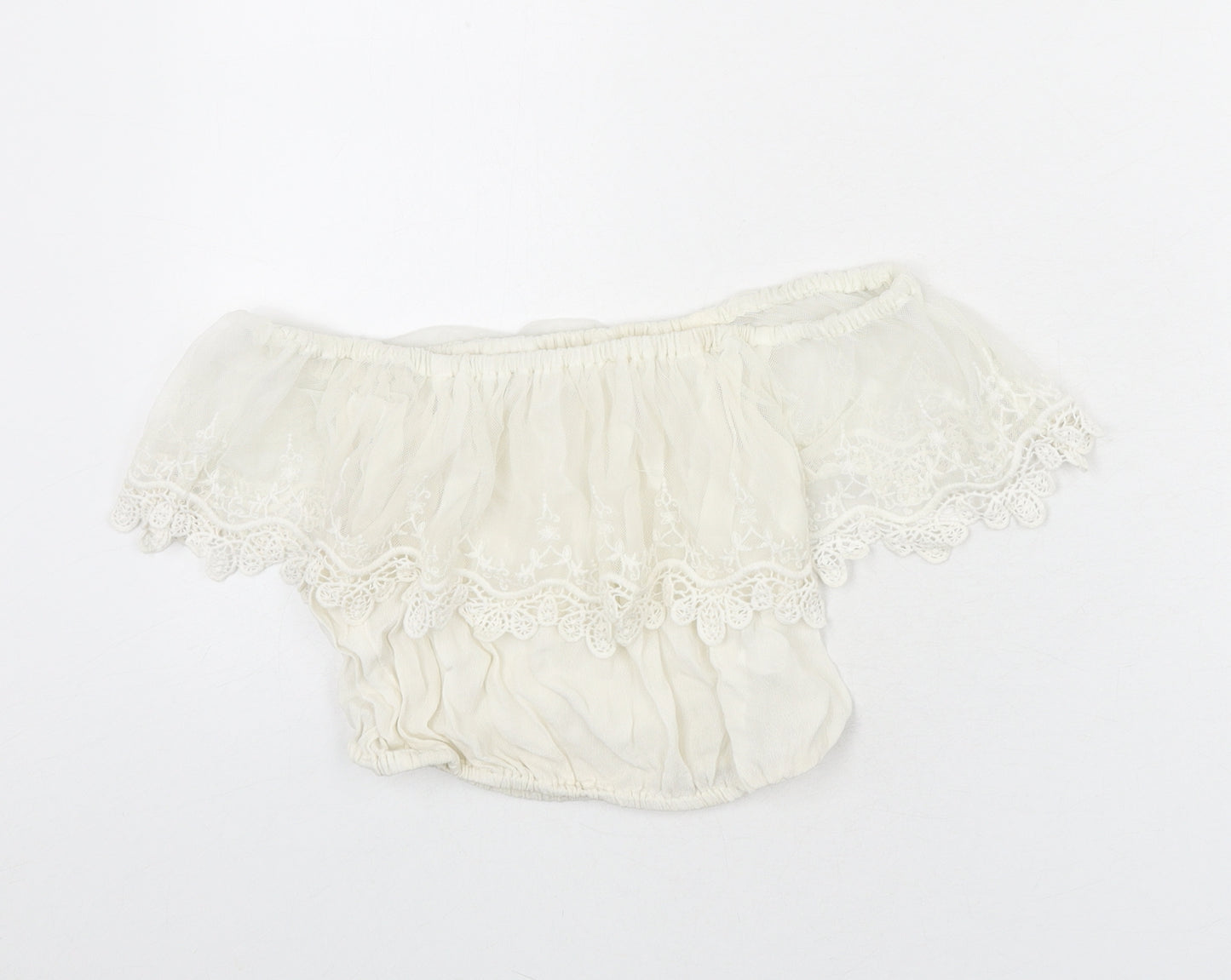 River Island Womens Ivory Nylon Cropped Blouse Size 6 Off the Shoulder - Lace Trim