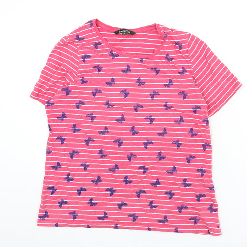 Bonmarché Womens Pink Striped 100% Cotton Basic T-Shirt Size 12 Round Neck - Butterflies