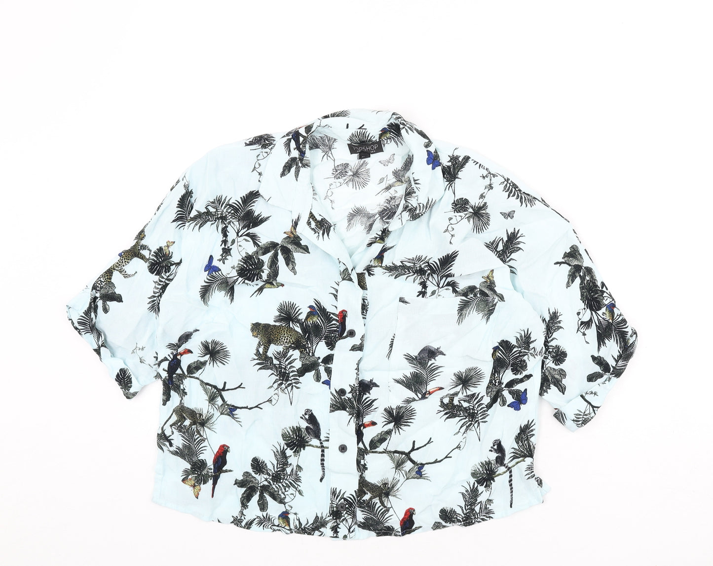 Topshop Womens Blue Geometric Viscose Cropped Button-Up Size 8 Collared - Trees, Parrot, Leopard