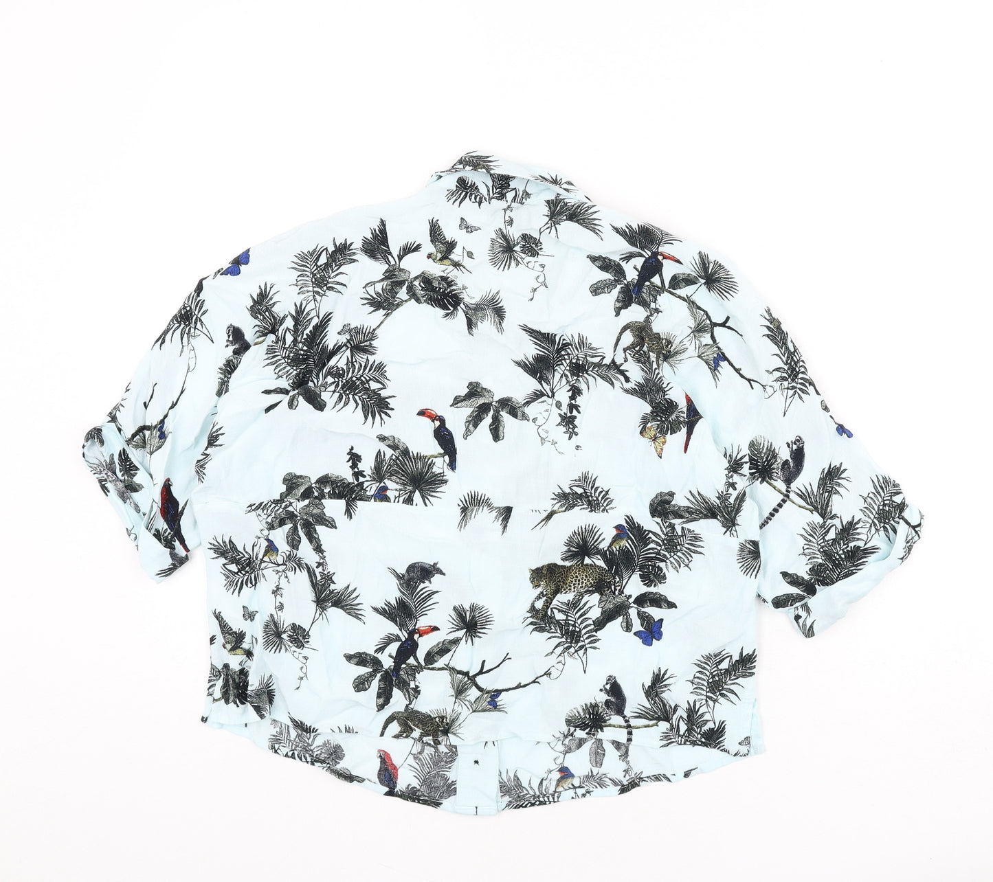 Topshop Womens Blue Geometric Viscose Cropped Button-Up Size 8 Collared - Trees, Parrot, Leopard