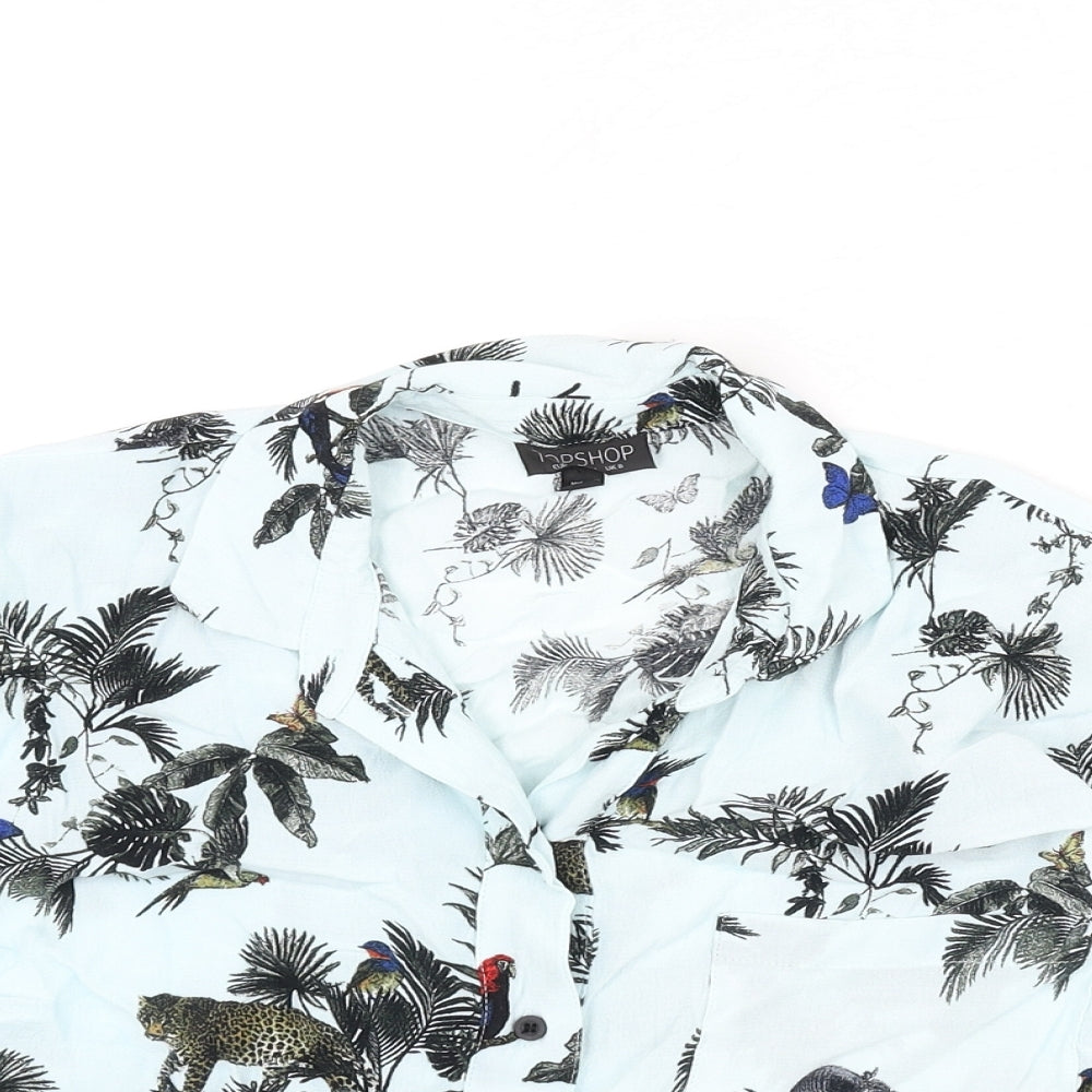 Topshop Womens Blue Geometric Viscose Cropped Button-Up Size 8 Collared - Trees, Parrot, Leopard
