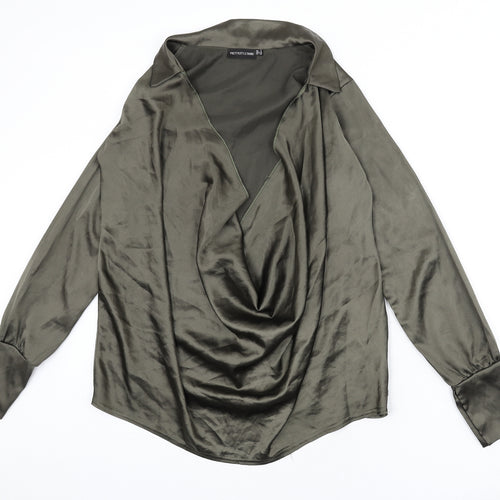 PRETTYLITTLETHING Womens Green Polyester Basic Blouse Size 4 Collared - Plunging Neckline, Cowl Neckline
