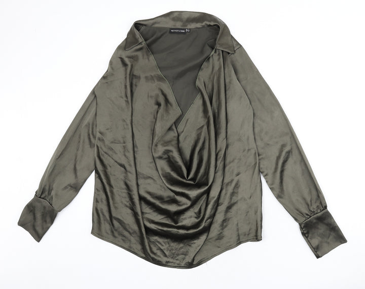PRETTYLITTLETHING Womens Green Polyester Basic Blouse Size 4 Collared - Plunging Neckline, Cowl Neckline