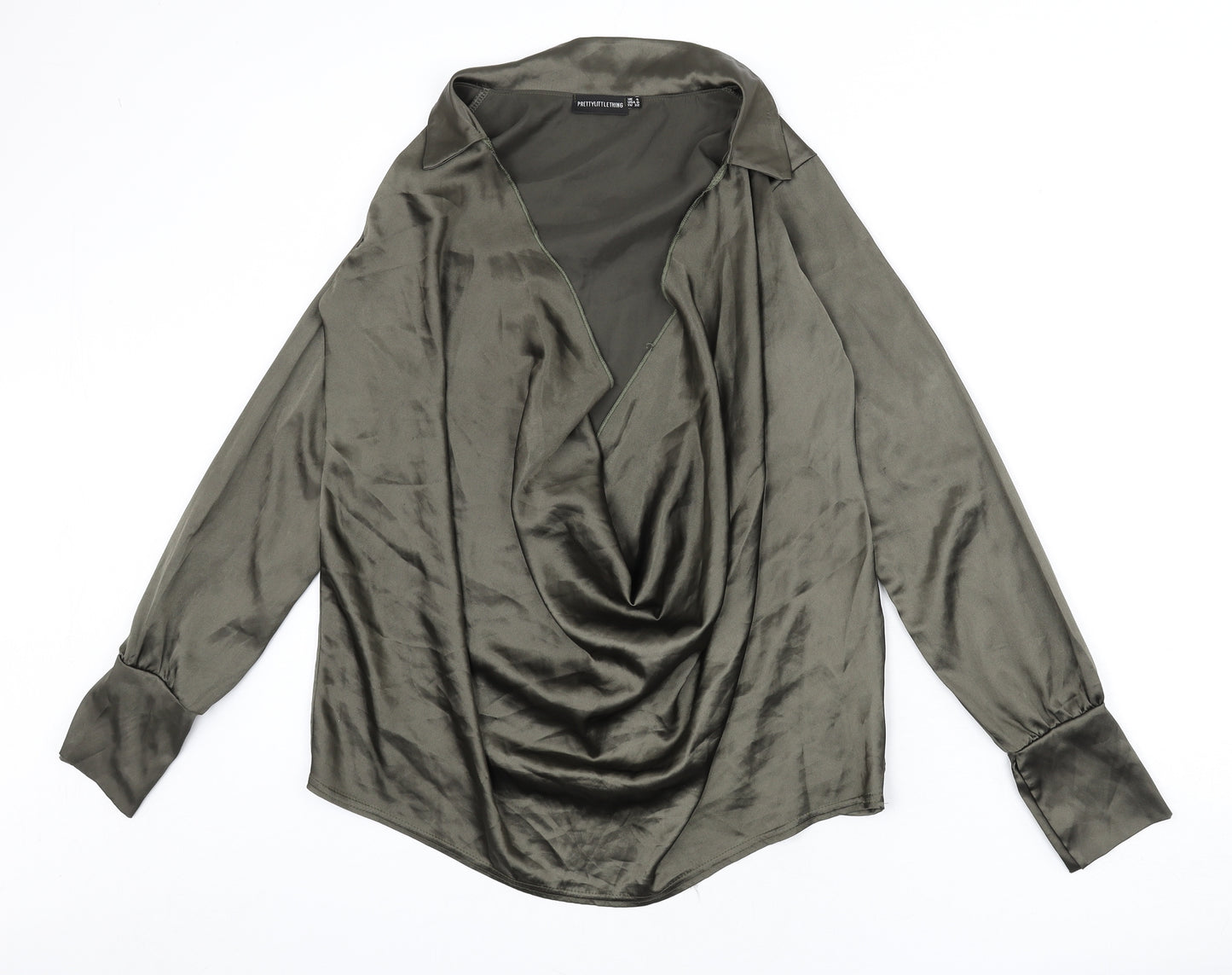PRETTYLITTLETHING Womens Green Polyester Basic Blouse Size 4 Collared - Plunging Neckline, Cowl Neckline