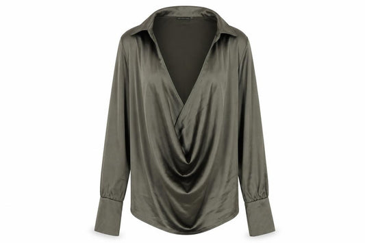 Front view of PRETTYLITTLETHING women’s green polyester basic blouse, size UK 4, collared - plunging neckline, cowl neckline