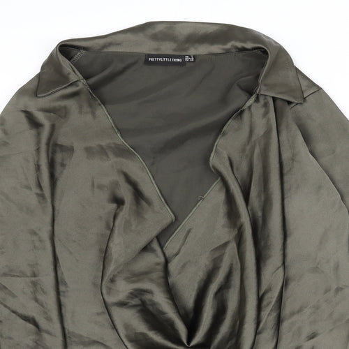 PRETTYLITTLETHING Womens Green Polyester Basic Blouse Size 4 Collared - Plunging Neckline, Cowl Neckline