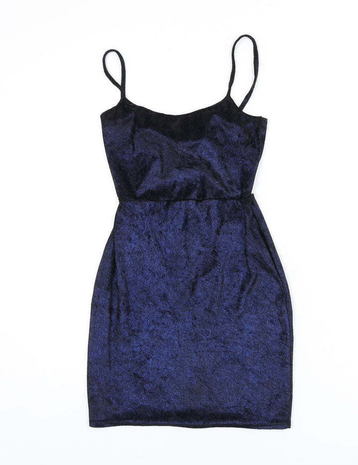 PRETTYLITTLETHING Womens Blue Polyester Bodycon Size 8 Scoop Neck Tie - Mini