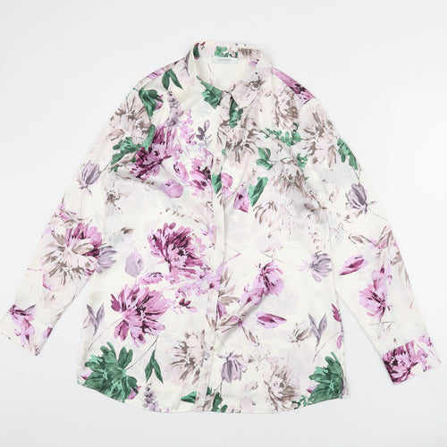 Classic Womens Ivory Floral Polyester Basic Button-Up Size 12 Collared