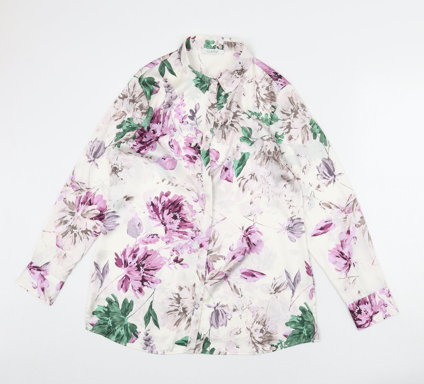 Classic Womens Ivory Floral Polyester Basic Button-Up Size 12 Collared
