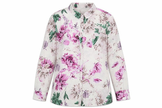 Front view of Classics women’s ivory floral polyester basic button-up, size UK 12, collared