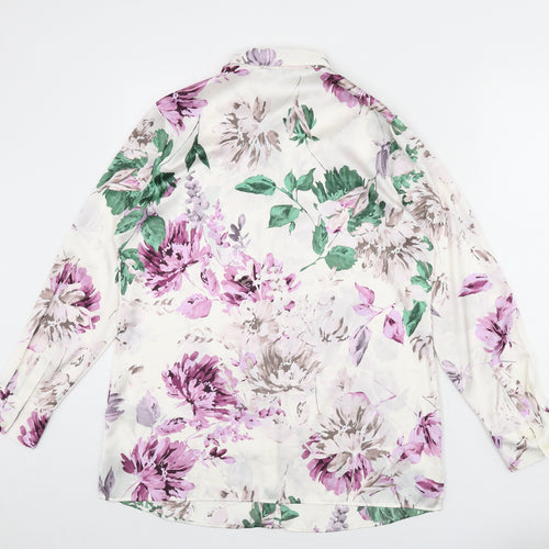 Classic Womens Ivory Floral Polyester Basic Button-Up Size 12 Collared