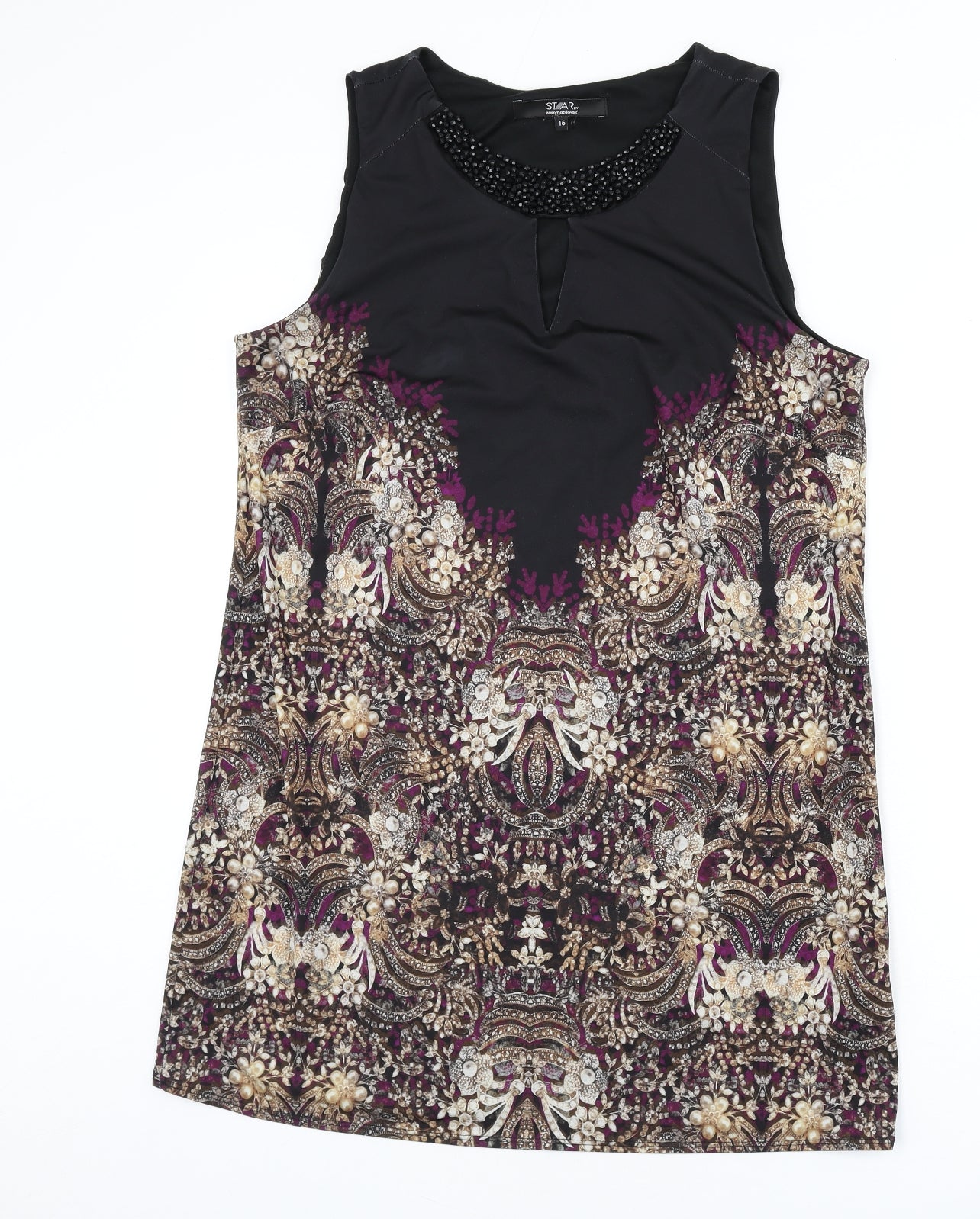 Julien Macdonald Womens Multicoloured Geometric Polyester Sheath Size 16 Round Neck Pullover - Keyhole Cut Out, Beaded
