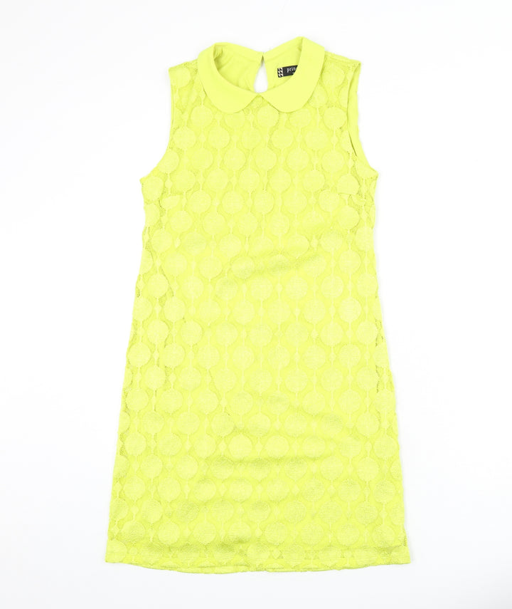 Principles Womens Yellow Geometric Polyester Sheath Size 10 Collared Button