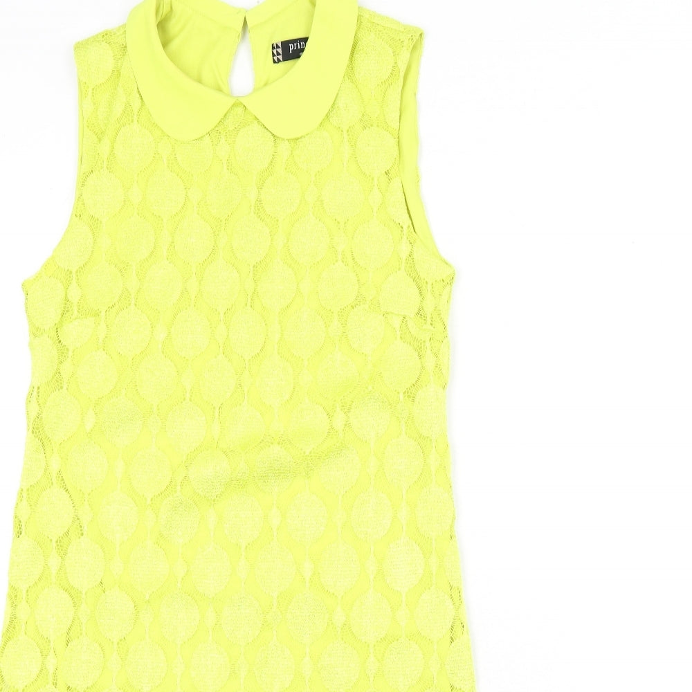 Principles Womens Yellow Geometric Polyester Sheath Size 10 Collared Button