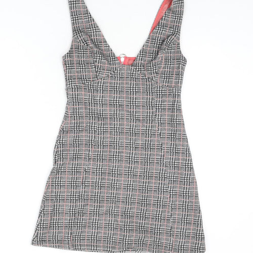 Topshop Womens Multicoloured Plaid Cotton A-Line Size 10 V-Neck Zip - Houndstooth