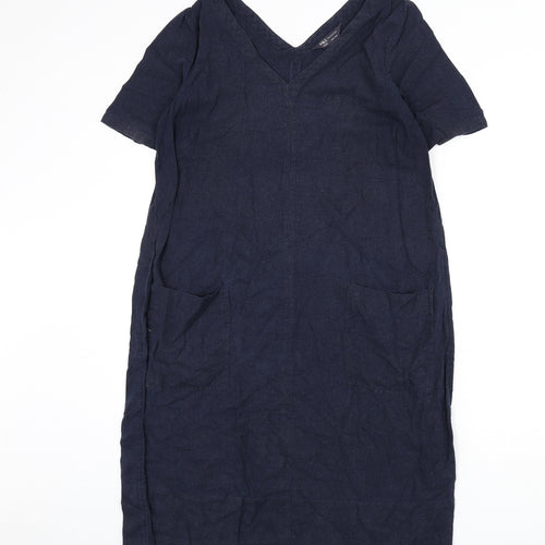 Marks and Spencer Womens Blue Linen Sheath Size 14 V-Neck Pullover