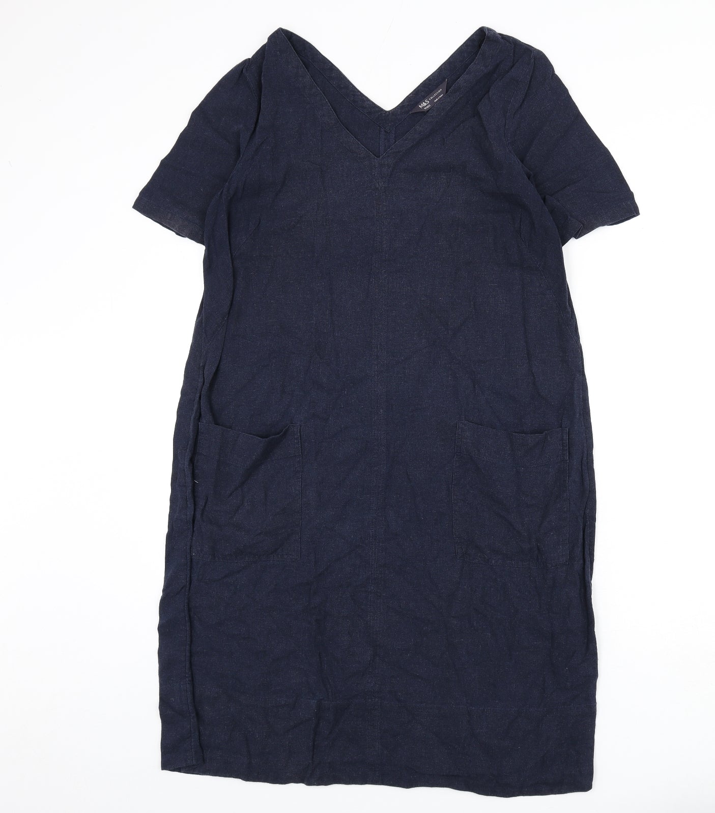 Marks and Spencer Womens Blue Linen Sheath Size 14 V-Neck Pullover
