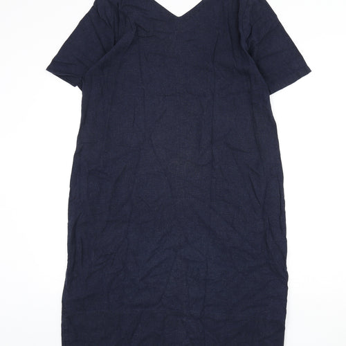 Marks and Spencer Womens Blue Linen Sheath Size 14 V-Neck Pullover
