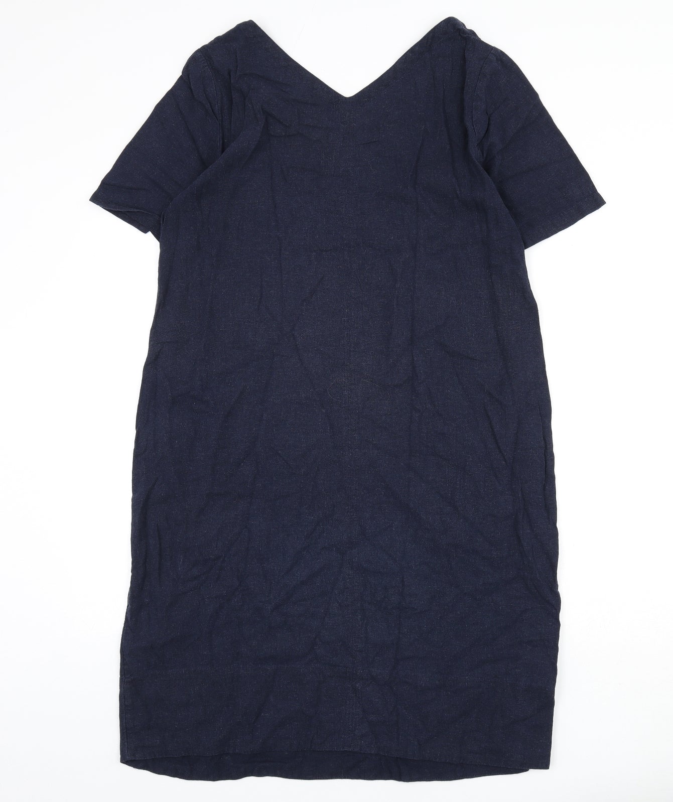Marks and Spencer Womens Blue Linen Sheath Size 14 V-Neck Pullover