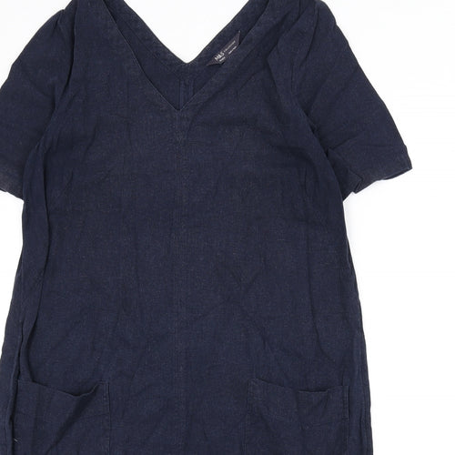 Marks and Spencer Womens Blue Linen Sheath Size 14 V-Neck Pullover