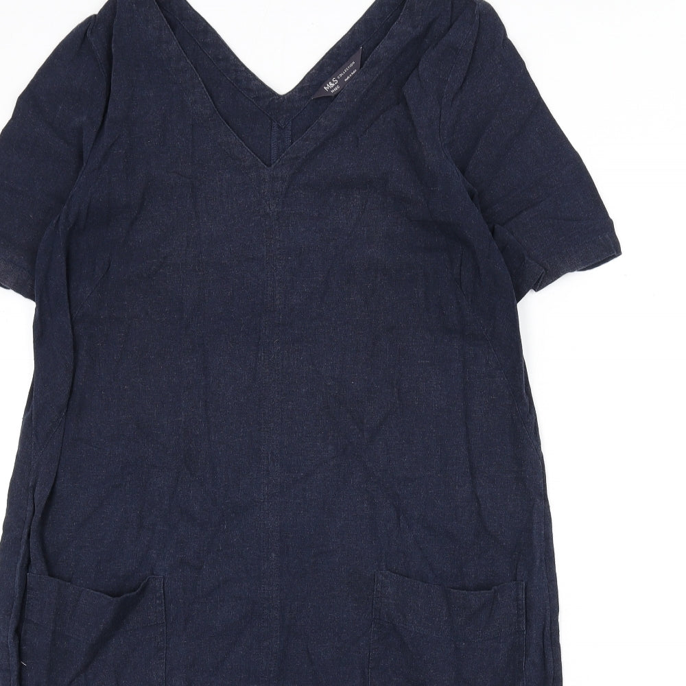 Marks and Spencer Womens Blue Linen Sheath Size 14 V-Neck Pullover