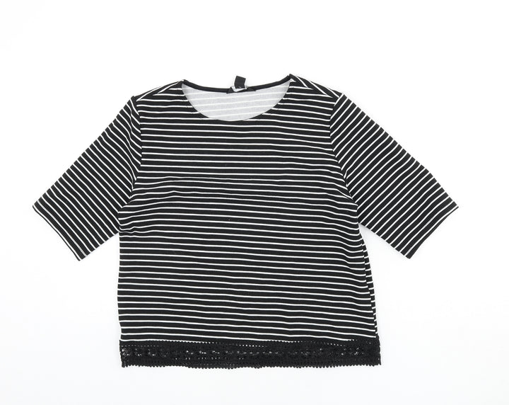New Look Womens Black Striped Polyester Basic T-Shirt Size 10 Round Neck - Lace Trim