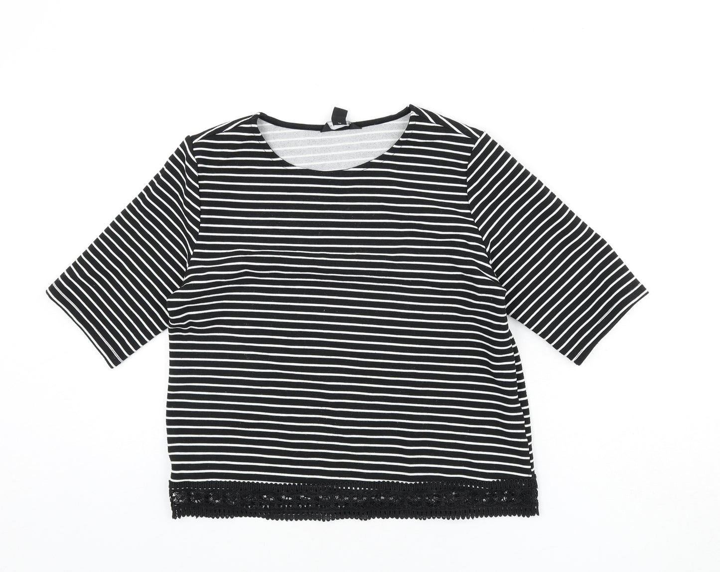 New Look Womens Black Striped Polyester Basic T-Shirt Size 10 Round Neck - Lace Trim