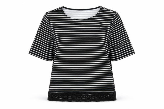 Front view of New Look women’s black striped polyester basic t-shirt, size UK 10, round neck - lace trim