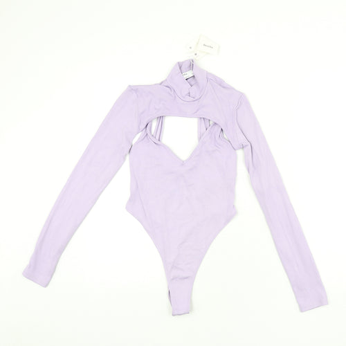 Bershka Womens Purple Polyamide Bodysuit One-Piece Size S Snap - Bolero Included, Plunge Neckline, Ribbed