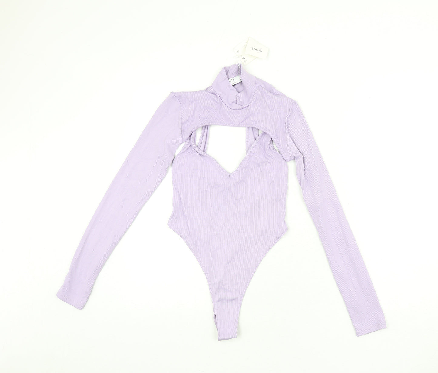 Bershka Womens Purple Polyamide Bodysuit One-Piece Size S Snap - Bolero Included, Plunge Neckline, Ribbed