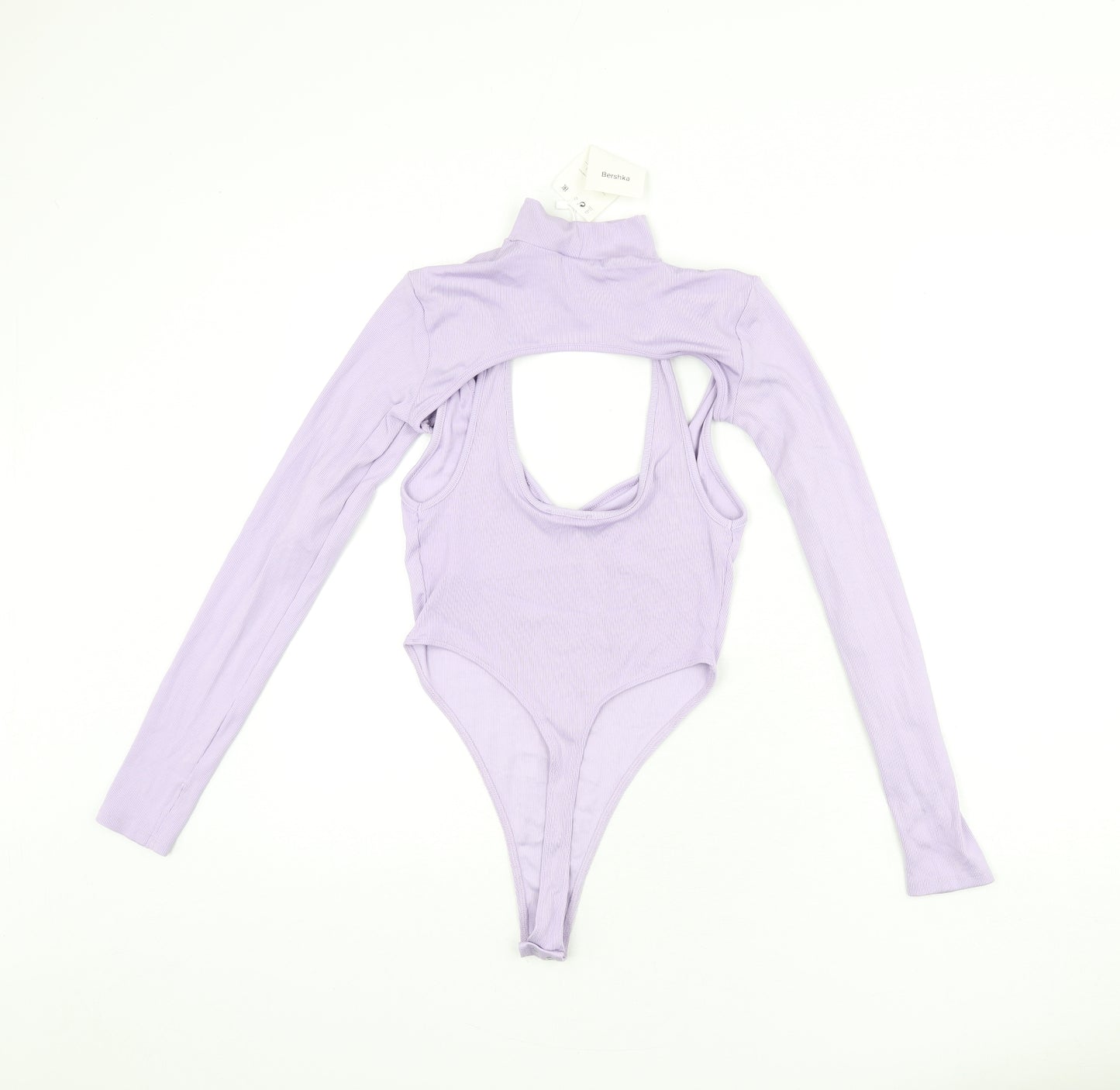 Bershka Womens Purple Polyamide Bodysuit One-Piece Size S Snap - Bolero Included, Plunge Neckline, Ribbed