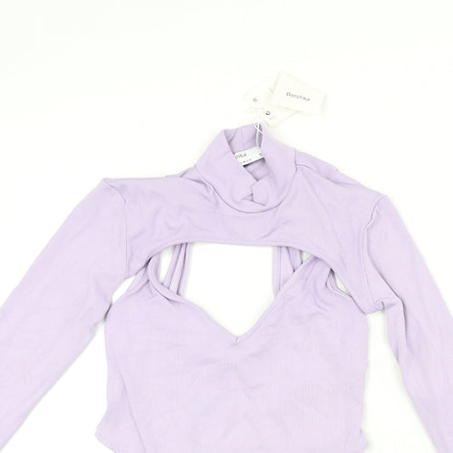 Bershka Womens Purple Polyamide Bodysuit One-Piece Size S Snap - Bolero Included, Plunge Neckline, Ribbed