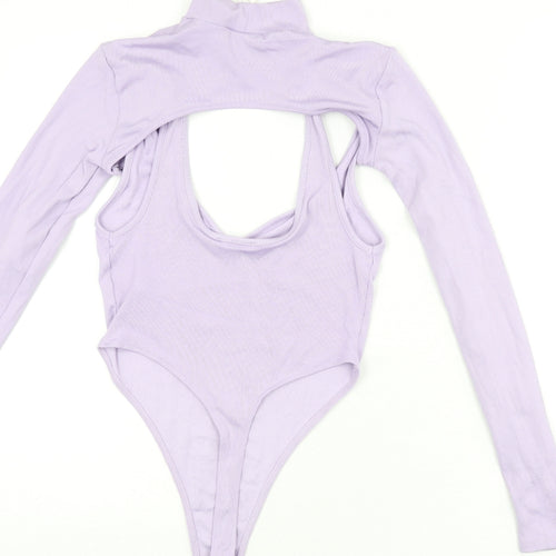 Bershka Womens Purple Polyamide Bodysuit One-Piece Size S Snap - Bolero Included, Plunge Neckline, Ribbed