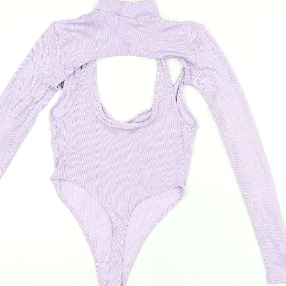 Bershka Womens Purple Polyamide Bodysuit One-Piece Size S Snap - Bolero Included, Plunge Neckline, Ribbed