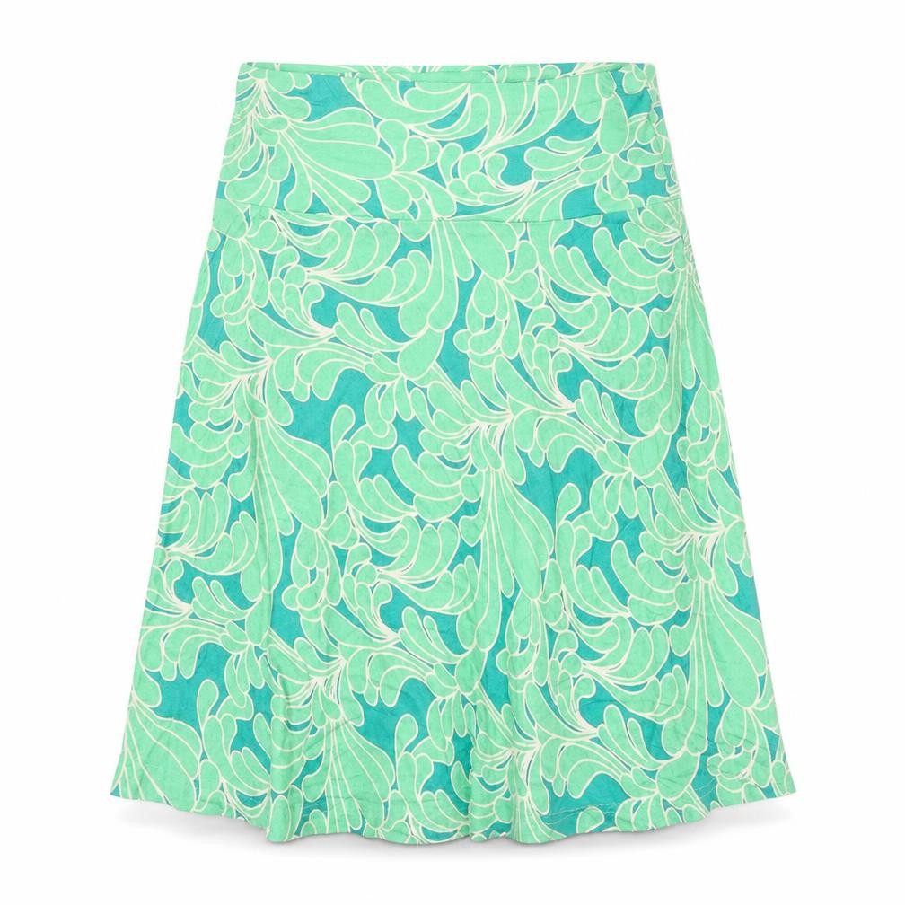 Front view of H&M women’s green geometric viscose flare skirt, size UK 10
