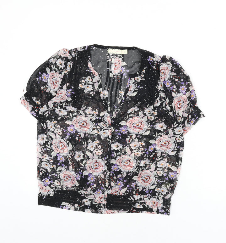 Pins & Needles Womens Black Floral Polyester Basic Button-Up Size S V-Neck