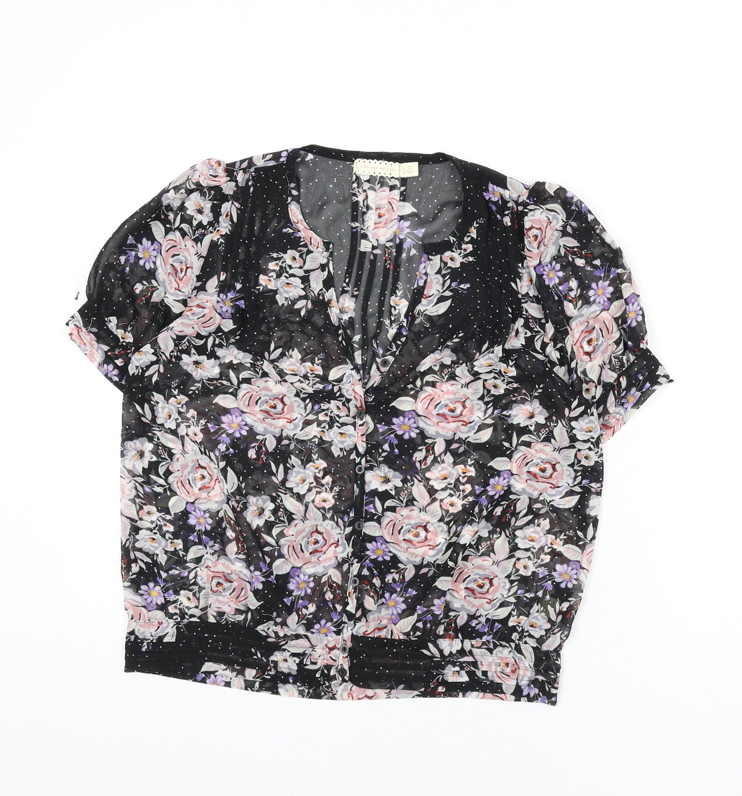 Pins & Needles Womens Black Floral Polyester Basic Button-Up Size S V-Neck
